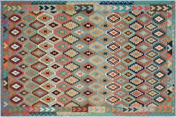 Flat Weave Kilim, Antique, Navaho, Vintage, Handmade, Geometric Kilim Blue Rust Hand-Woven Rectangle 100% Wool Area Rug 8 x 11